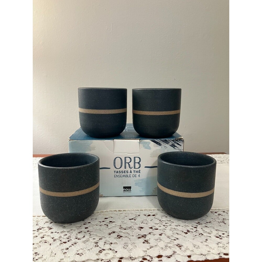 NOW Designs ORB Stoneware Tea Cups Set of 4 Navy Blue 8 oz Original Box